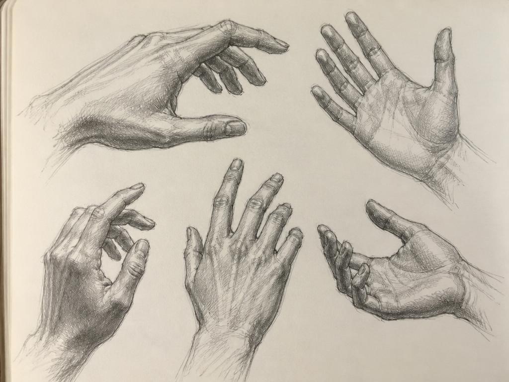 Graphite pencil studies of hands in different poses